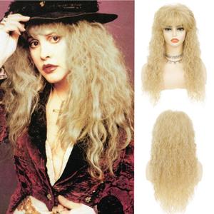Blonde Long Curly 80s 70s Rocker Punk Wigs for Women with Bangs Mullet Wavy Wig Cosplay Halloween Disco Party wig