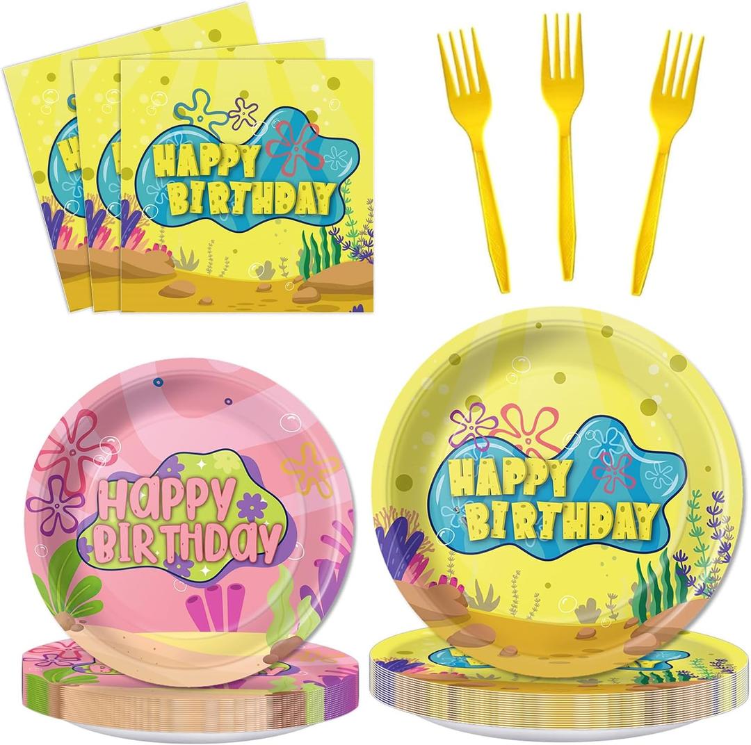 Yellow Cartoon Birthday Party Tableware Set Ocean Theme Plates, Napkins, Forks, Disposable Party Decorations for Kids Birthday, Sea Underwater Theme Supplies for 24 Guests