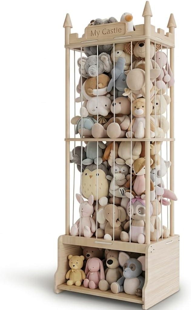 Knot-Free Wooden Stuffed Animal Storage Tower with Pre-Installed Cords, Montessori Stuffed Animal Zoo Furniture with Castle Top & Toy Chest, 57" Hand-Sanded Natural Wood (Montessori Castle), Large