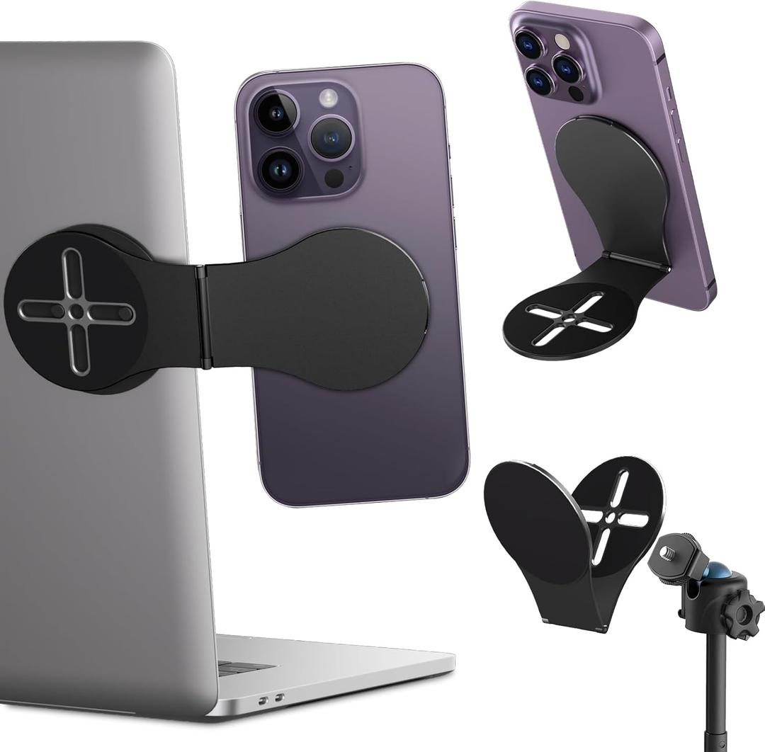 ALAFLY Detachable Magnetic Phone Holder for Laptop & Car, Foldable Desk Phone Stand, Adjustable Magnetic Phone Tripod Mount Adapter with 1/4" Screw Design for MagSafe iPhone and All Phones, Black