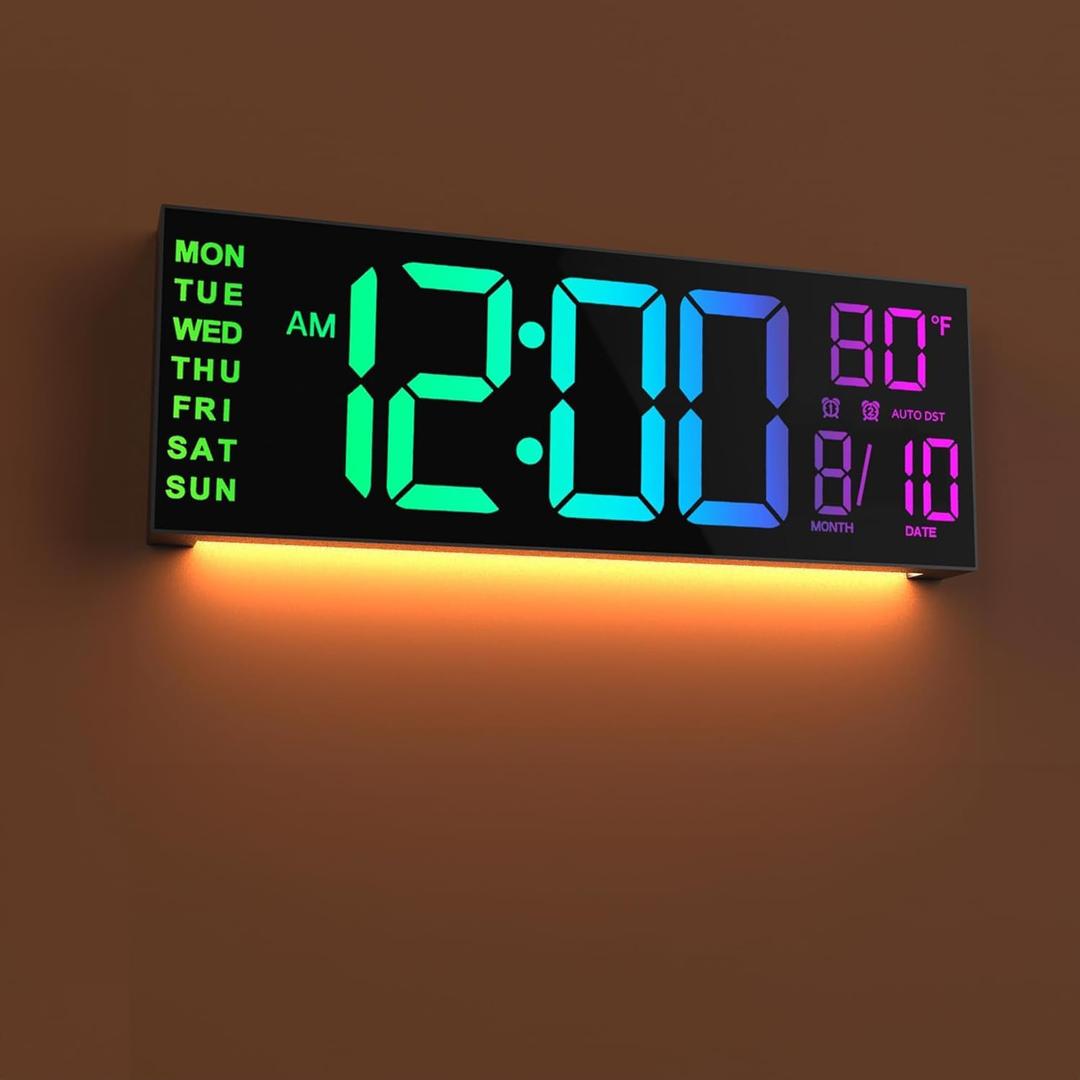 JALL 13" Large Digital Wall Mount Clock, Count Down Timer, Alarm, Big LED, 8 RGB Color, DST, Temperature for Living Room Classroom Desk, Xmas, Birthday Gift for Senior Mom Dad (Black)