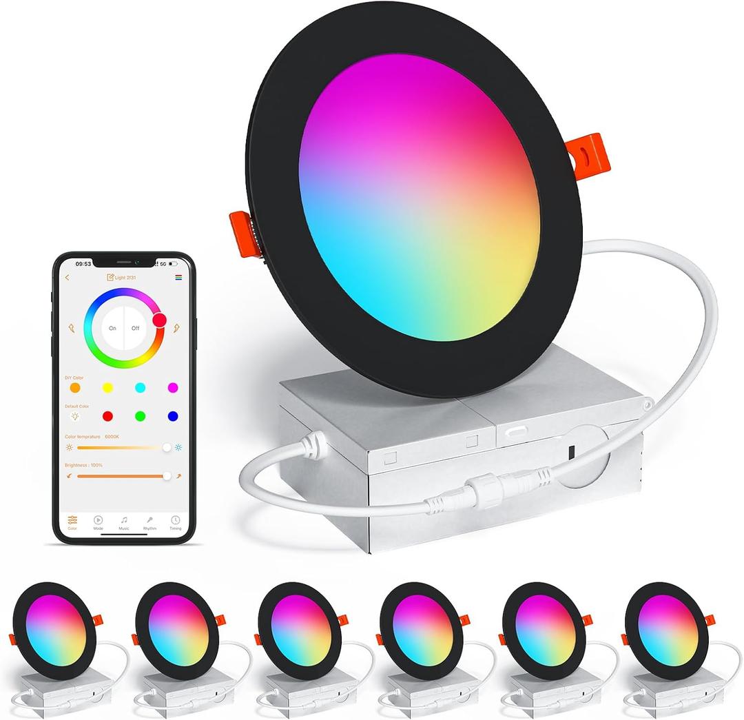 SikSog Smart Recessed Lighting 4 Inch Black RGBCW Color Changing 12W LED Downlight with Junction Box,1080 Lumen Recessed Ceiling Light Compatible with Alexa,Dimmable by Bluetooth Control -6Pack