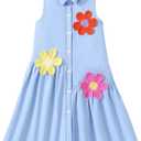 Girl's Cute 3D Floral Tank Dress Button Down Collar Sleeveless Flared Short Dresses (XXXL)