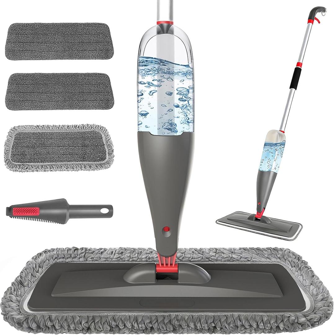Spray Mop for Floor Cleaning with 3pcs Washable Pads - Wet Dry Microfiber Mop with 800 ml Refillable Bottle for Kitchen Wood Floor Hardwood Laminate Ceramic Tiles Dust Cleaning (Gray)