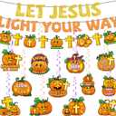 Let Jesus Light Your Way Banner and Christian Halloween Decorations Religious Pumpkin Hanging Swirls Jesus Cross Decorations for Halloween Banner Party Supplies Wall Hanging Decor