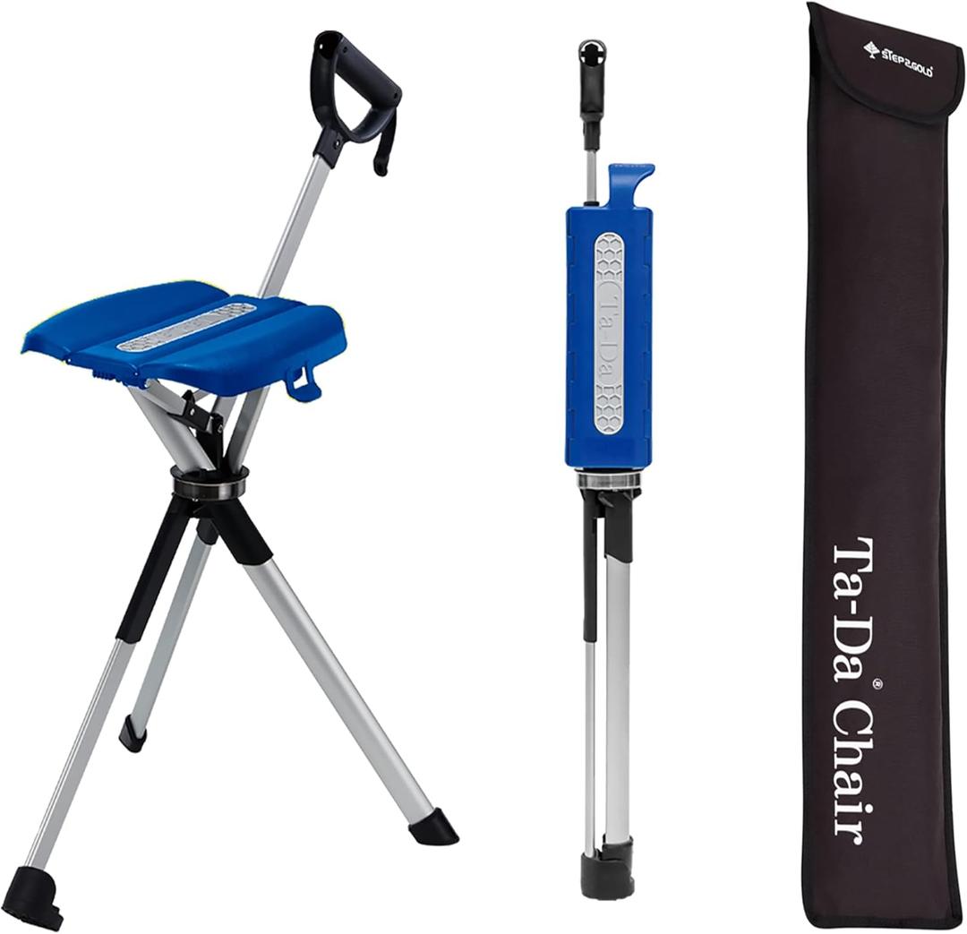 STEP2GOLD Ta-Da Chair Series 2- Portable Walking Stick, Cane with Seat, Foldable Chair, Hiking Stick, for Camping, Hiking, Lightweight Aluminum, Easy Carry, Anti-Slip (M (34.2"), Blue)