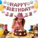 3 x Cowgirl Birthday Party Decorations - Coquette Bow Disco Ball Pink Happy Birthday Cowgirl Boots Banners for Women, Western Disco Cowgirl Party Decorations
