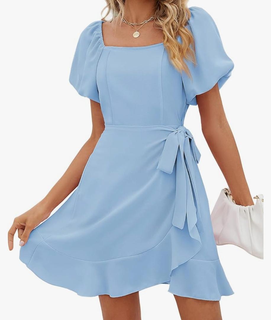 SAMPEEL Womens Summer Dresses Square Neck Puff Sleeve Tie Waist Short Dress XXL Baby Blue