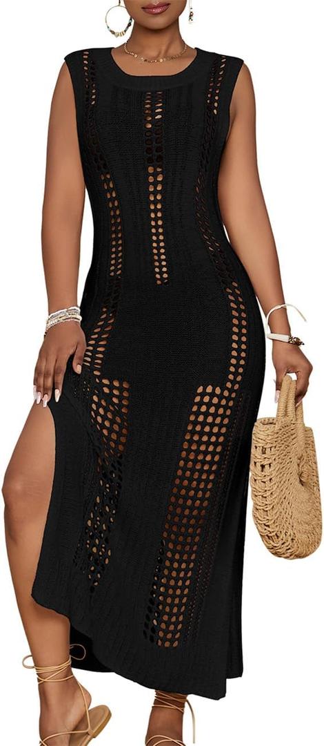 Bsubseach Crochet Beach Cover Ups for Women Sleeveles Swimsuit Coverups Hollow Out Summer Knit Bikini Beachwear (Black, S)