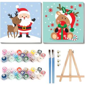 2 Pack Paint by Numbers Kit for Kids with Frame-Wooden Easel, Christmas Paint by Numbers for Kids Ages 4 8 12, Easy Christmas Acrylic Oil Painting Kits for Home Wall Decoration 8x8 inch