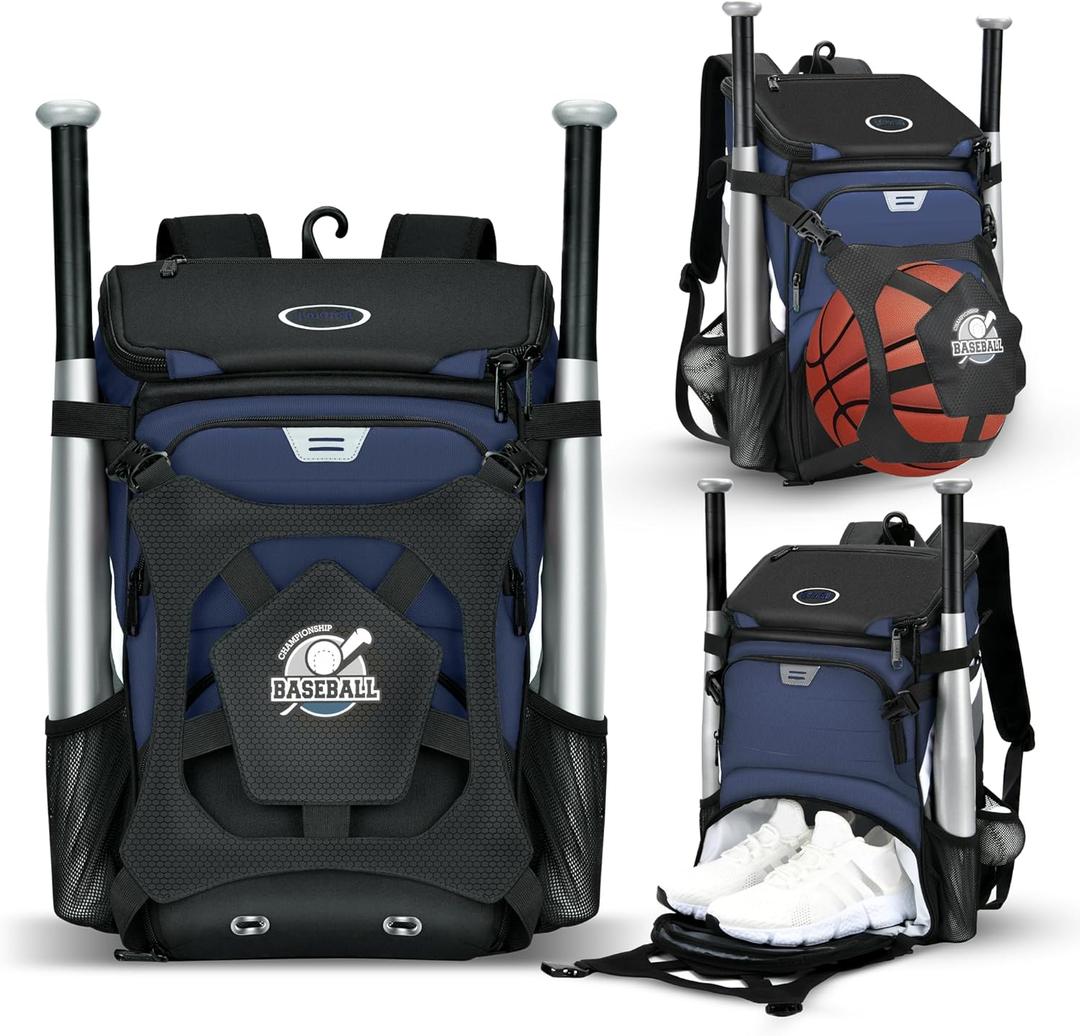 Baseball Backpack for Adult and Youth, Large Capacity Lightweight Softball Bag With Shoe Compartment and Fence Hook for TBall Bat & Equipment, Waterproof for Helmet, Gloves (Darkblue)