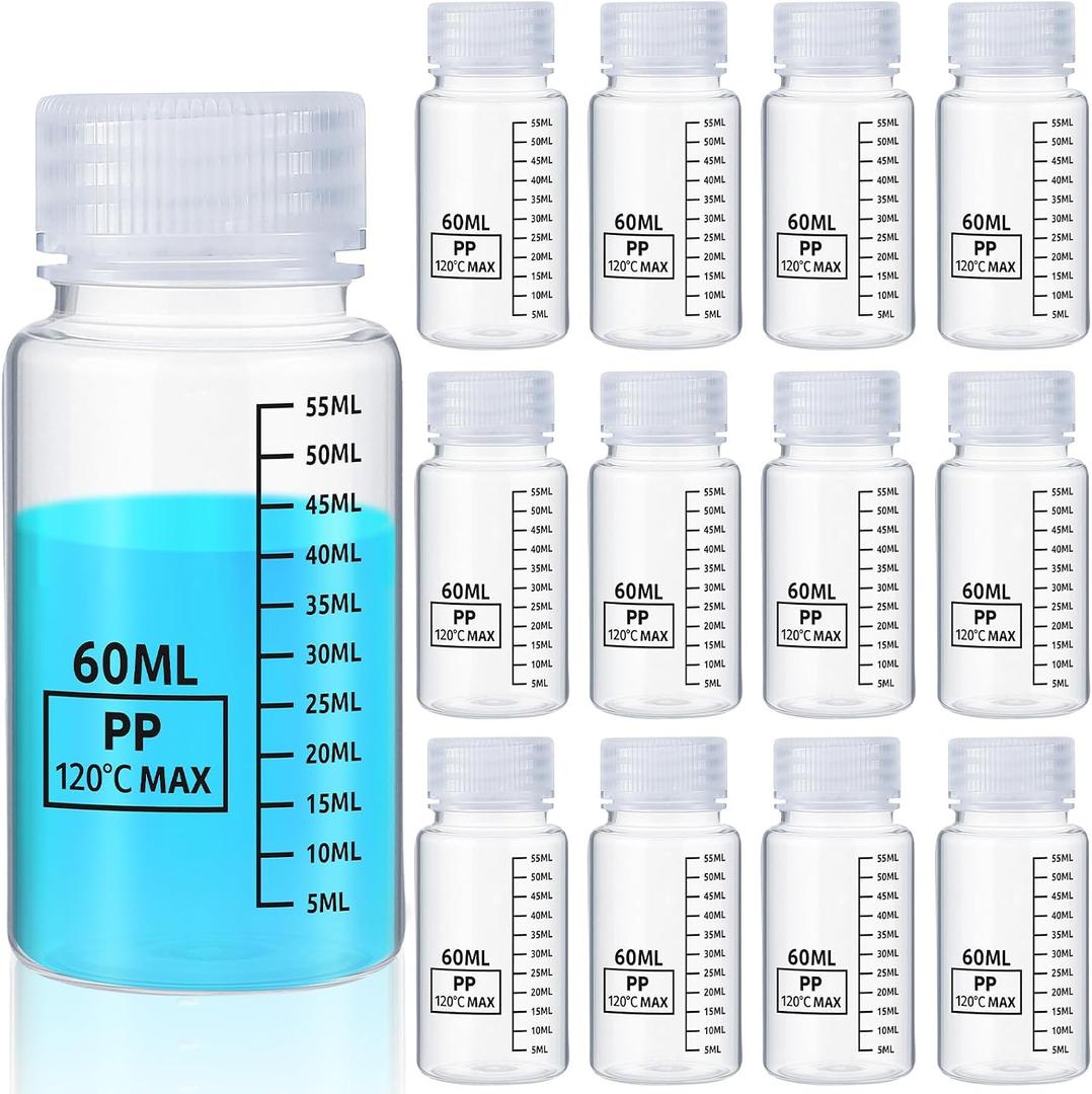 Tatuo 12 Pcs 2oz 60 ml Plastic Sample Bottles with Screw Cap, Liquid Containers with Lid for Lab Reagent Sample Medicine Pill Water Storage, Travel Bottles(Clear,Wide Mouth-Dark Scale)