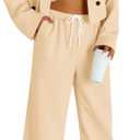 Fisoew Women's 2 Piece Outfits Casual Crop Blazer Jackets Loose Wide Leg Pants Fall Dressy Business Work Suit Sets (Beige)