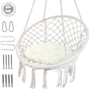 Hammock Swinging Chair,Hanging Cotton Rope Swing Chairs with Cushion and Hardware Kits, Hanging Chairs for Indoor Balcony and Outdoor Use,Perfect for Adults, Kids, Hold up to 330Lbs, Beige