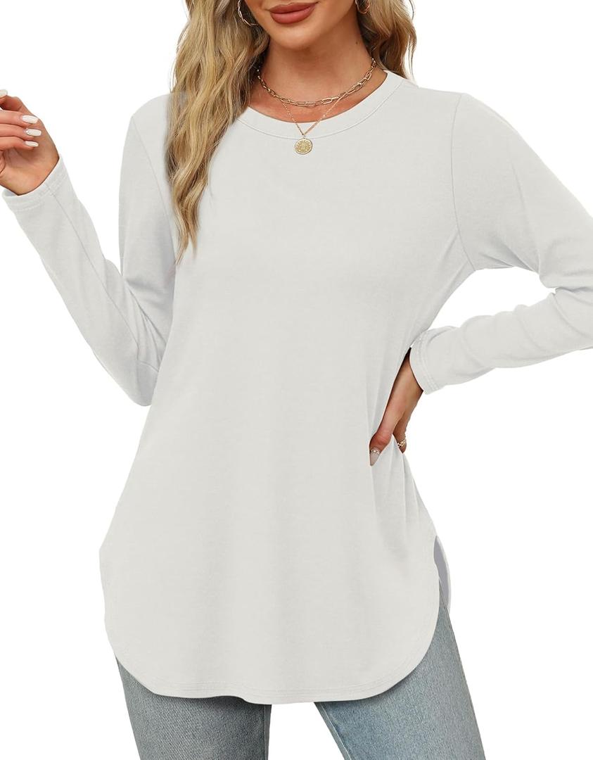XIEERDUO Womens Long Sleeve Round Neck Shirts Side Split Basic Loose Tunic Tops Casual 2025 (White) XL