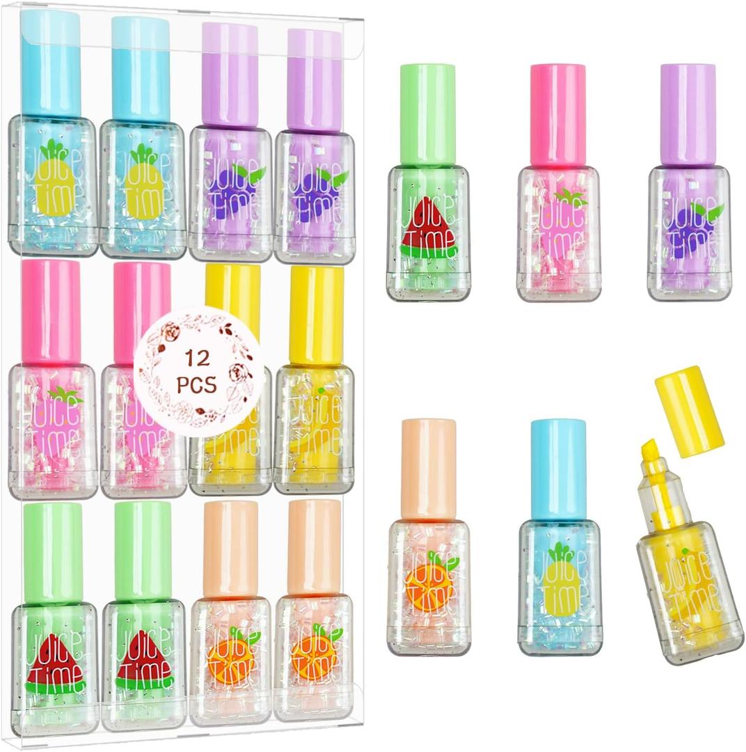 Eki Shoal 12 Pieces Polish Cute Highlighters - 6 Colors in Mini Highlighters for Kid, Student, Party, Glitter Highlighter Great for Writing, Drawing, and Coloring