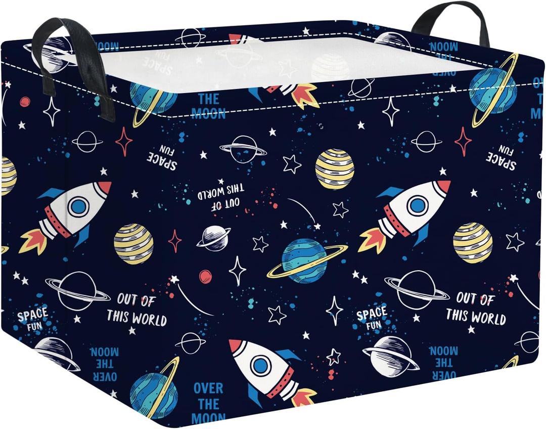 HIYAGON Rectangular Space Basket for Boys Baby Storage Basket Storage Bin Organizer Box Room Decor(Rocket Planet)