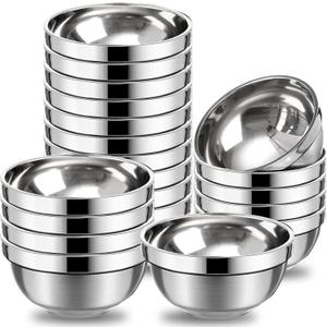 Eccliy 20 Pack Stainless Steel Bowls Set, 17 oz Double Walled Insulated Metal Bowl Bulk for Rice Soup Ice Cream Snacks Salad Cereal Sauces Serving, Easy to Clean, Stackable, 5.1 x 2.6 Inch