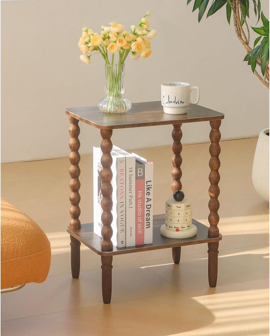 Side Table, Small End Table with Storage Shelf, 2-Tier Small Coffee Tables Living Room for Bedroom, Narrow Spaces (Rustic Brown)