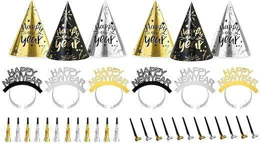 New Years Eve Party Supplies 2026 for 12 Guests,38pcs Happy New Year Party Accessories Kit Including Hats, headband, Noise Makers,Leis, Black Gold Silver NYE Decoration Party Favors