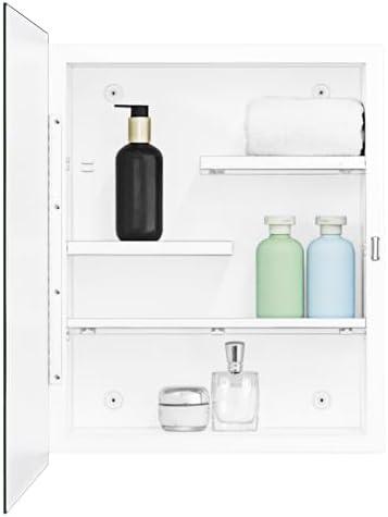 White Metal Medicine Cabinet, 16 x 20 Beveled Mirror, Surface Mount Storage | Beveled Mirror Bathroom Cabinet with Adjustable Staggered Shelves, Piano Hinge, Left/Right Swing & Matte White Powder Coating