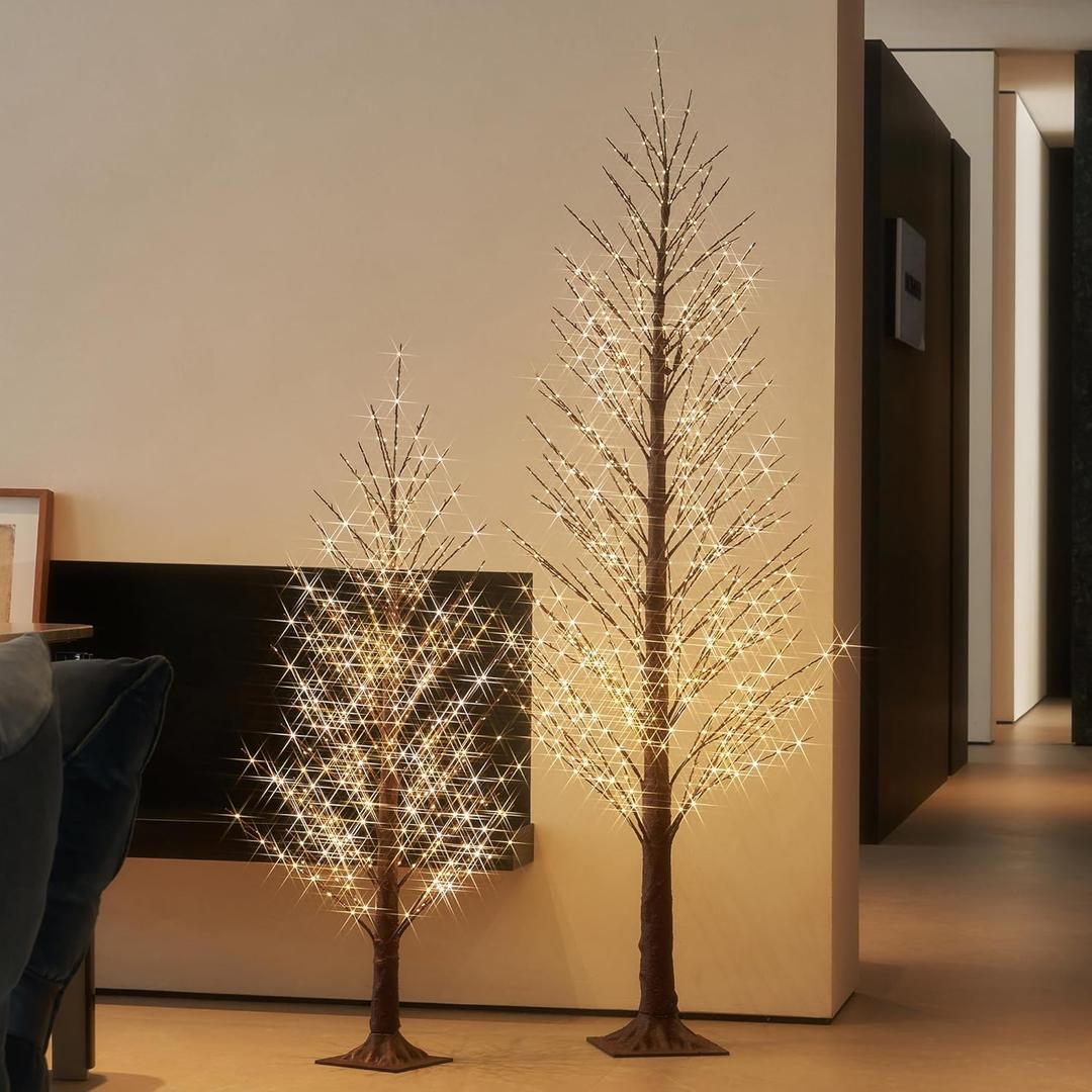 LITBLOOM Lighted Alpine Trees 4FT and 6FT, Brown Twig Tree with Lights for Thanksgiving Christmas Home Decoration Inside Outside