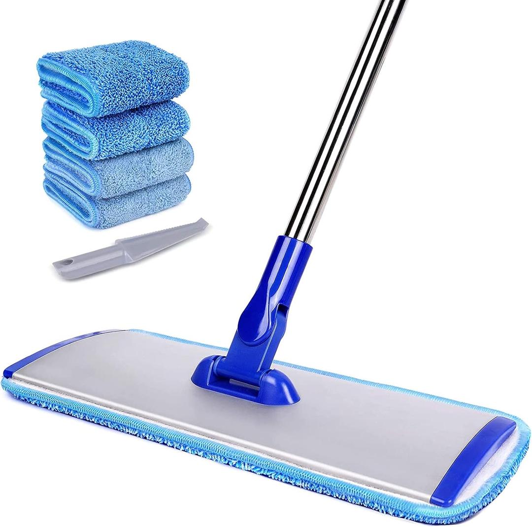 18" Professional Microfiber Mop Floor Cleaning mop, Flat Mop with Stainless Steel Handle, 4 Reusable Washable Mop Pads and mop Pads Brush, Microfiber Mop for Hardwood (18" Microfiber Mop)