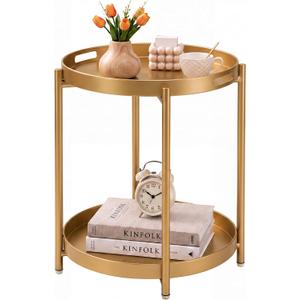danpinera Gold Side Table, Serving Tray with Handles, Small Metal Table