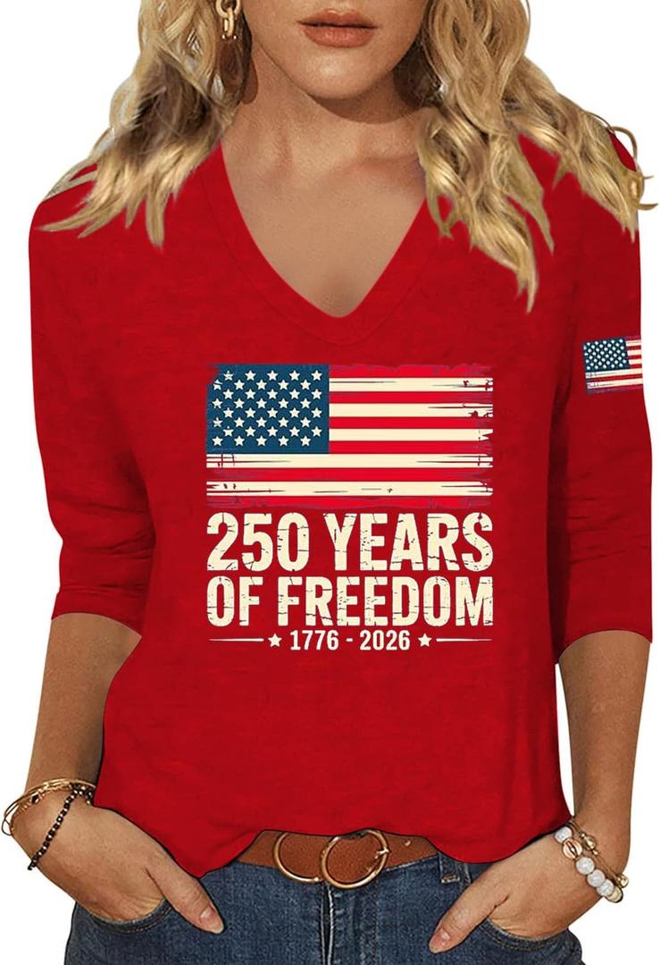 American Flag 3/4 Sleeve V Neck Shirt for Women 4th of July Independence Day Graphic Long Sleeve Tee Summer Patriotic Tops (Red, L)