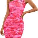 MEROKEETY Women's 2025 Summer One Shoulder Mini Dress Bodycon Floral Mesh Ruched Cocktail Party Dresses (X-Large, Pink)