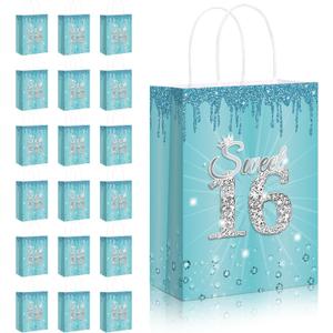 Teling 18 Pcs Sweet 16 Party Favors Sweet 16th Birthday Gift Bags Goodie Candy Treat Bags with Handle Decorations for 16th Birthday Party Supplies(Blue)