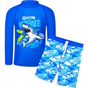 TFJH E Boys Bathing Suit Set Long Sleeve Rash Guard Swimwear UPF 50+ Swimming Suit, Royblue Shark 6A