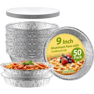 50 Pack 9 Inch Round Aluminum Pans with Cardboard Lids - Disposable Tin Foil Pans, Food Containers for Cake Baking, Cooking, Reheating, Roasting, Storage