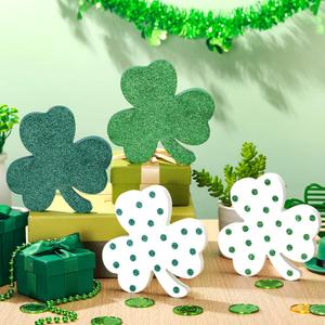 5 Pcs St. Patrick's Day Decorations Rustic Shamrock Wooden Sign Farmhouse Clover Wood Block Table Centerpiece Irish Tiered Tray Decor for Saint Patty's Day Home Office