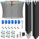 6PCS Trampoline Poles and 14FT Enclosure Net with Solar Light, Universal Trampoline Replacement Net and Enclosure Pole with Caps & Hardware, Fits 14FT Trampoline Round Frame with 6 Straight Pole
