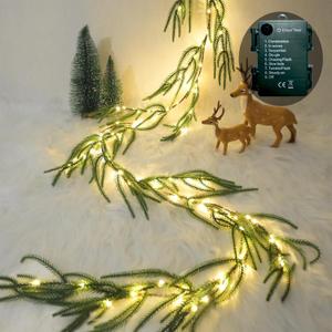 2025 New Christmas Norfolk Garland Lights 6.56FT Pine Garlands 96 LED 8 Flash Modes Battery Operated Xmas Garland Lights with Timer Lighted Christmas Decorations for Mantle Fireplace Door Home Holiday