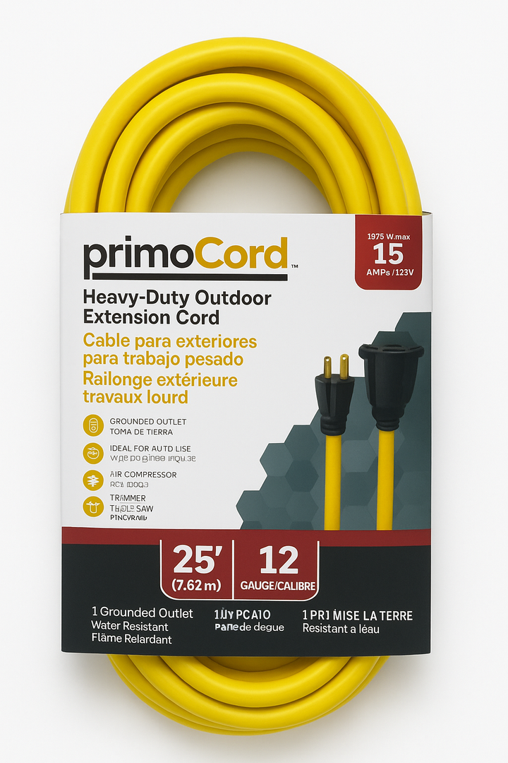 PrimoCord E00021 Apollo Wire & Cable, 25ft Heavy-Duty Outdoor Extension Cord 12/3 SJTW with 3-Prong Grounded Plug and Single Outlet - 15 Amps, 1875 Watts, 125 VAC (25ft, 12 Gauge, Yellow)