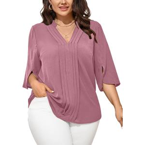 SCOMCHIC Women's Plus Size Blouses 3/4 Sleeve V Neck Pleated Shirts | 3/4 Sleeve, Dressy Tunic Tops, Casual Loose, V Neck, Pleated Shirts (Pink, XXL)