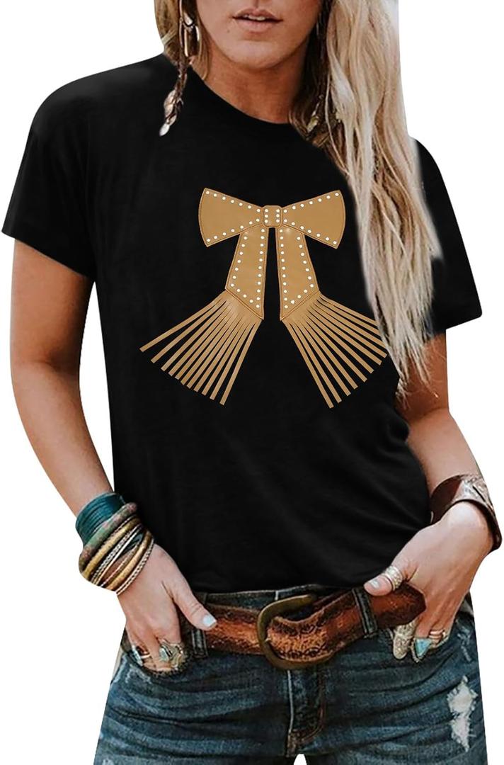 Cowgirl Shirt Women Embroidery Western Outfits PU Leather Star Graphic Tees Short Sleeve Tops, M
