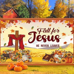 Fall for Jesus Banner Backdrop 8x6FT Autumn Thanksgiving He Never Leaves Decoration Background Pumpkin Maple Leaf Christian Religion Friendsgiving Party Supplies Photo Props