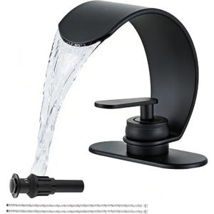 Black Waterfall Single Hole Bathroom Sink Faucet, 304 Stainless Steel Single Handle Modern Bathroom Faucet, Snake Shape Design Basin Tap, Single Handle Basin Tap with Pop Up Drian Supply Line