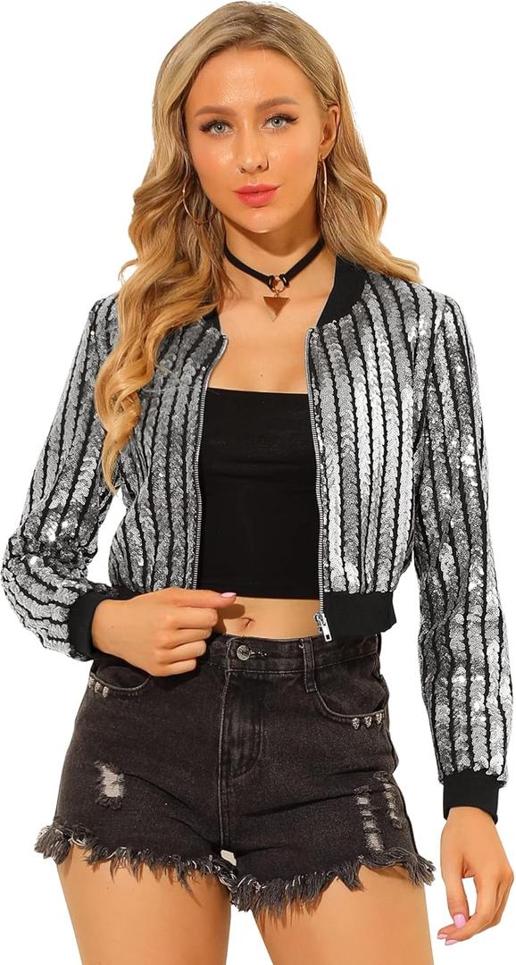 Allegra K Women's Sequin Long Sleeve Shiny Party Zip-Up Bomber Cropped Jacket (Medium)