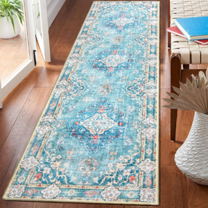 2x4 Washable Teal Throw Rugs for Entryway Indoor - Washable Non Slip Kitchen Rug, Boho Floral Small Carpet for Bathroom, Powder Room, Non Slip Low Pile Stain & Fade Resistant Indoor Décor