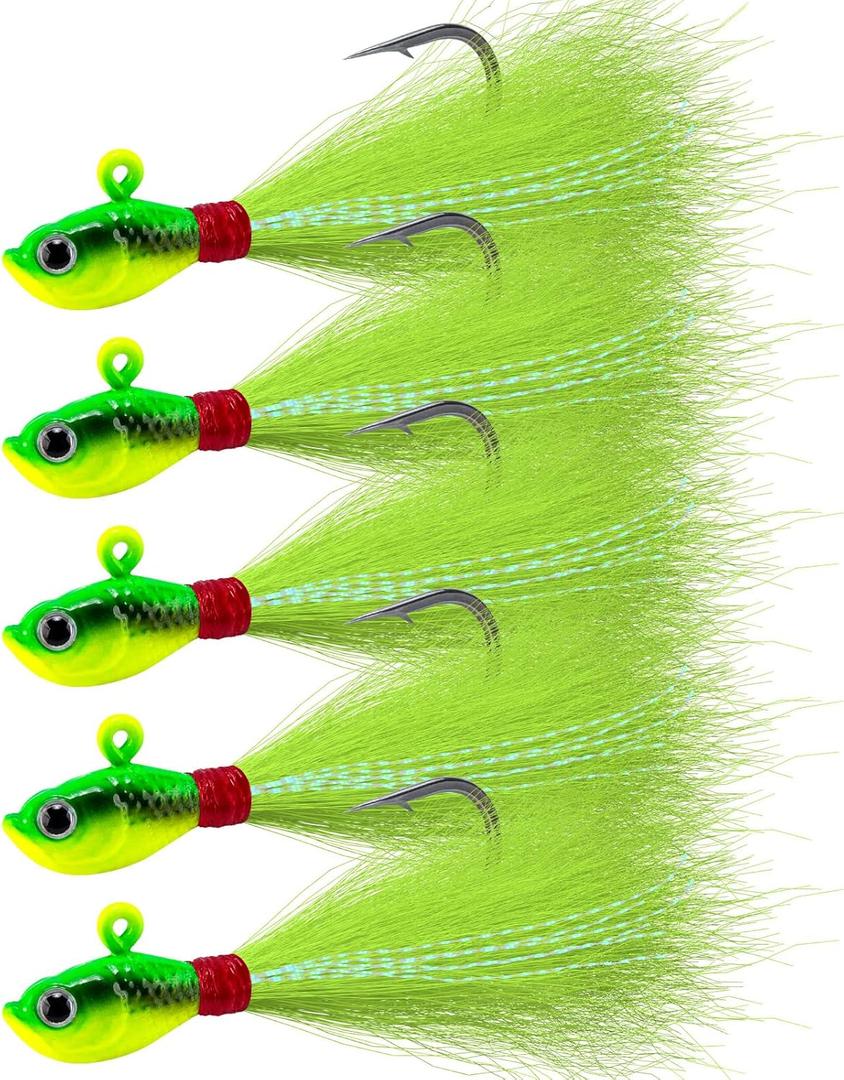 Alwonder 5-Pack Bucktail Jigs Hair Jigs Saltwater Freshwater Fishing Bucktail Lures Surf Fishing Jig Heads White Luminous Chartreuse Swimbait Jig for Bass Flounder Striper Bluefish Halibut Redfish