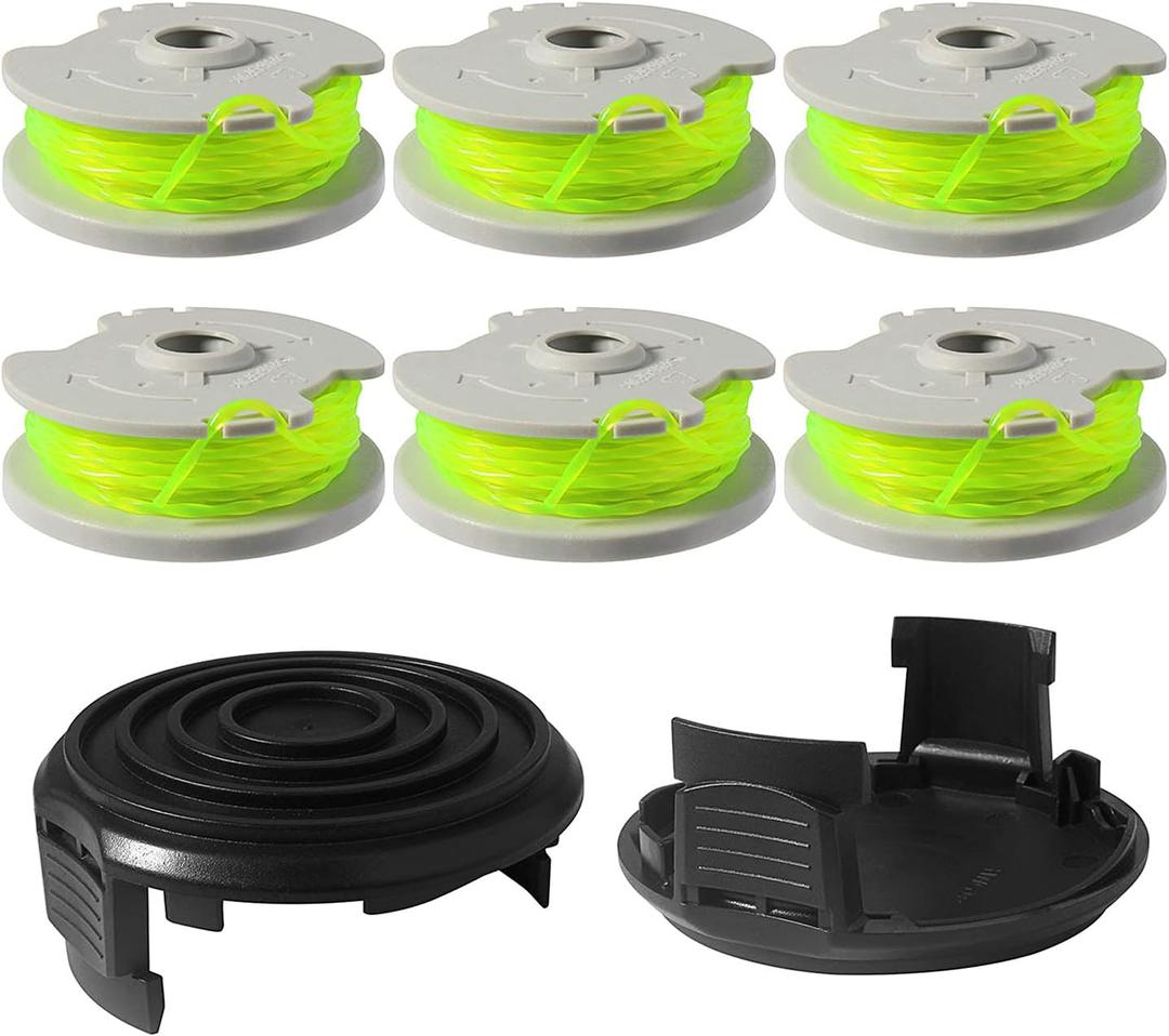THTEN WA0014 Trimmer Replacement Spools for Worx WG168 WG184 WG190 WG191 Weed Eater String Edger Spool Line Refills Parts Auto-Feed 20ft 0.080" with WA0037 Cap Covers (6 spools,2 Cap)