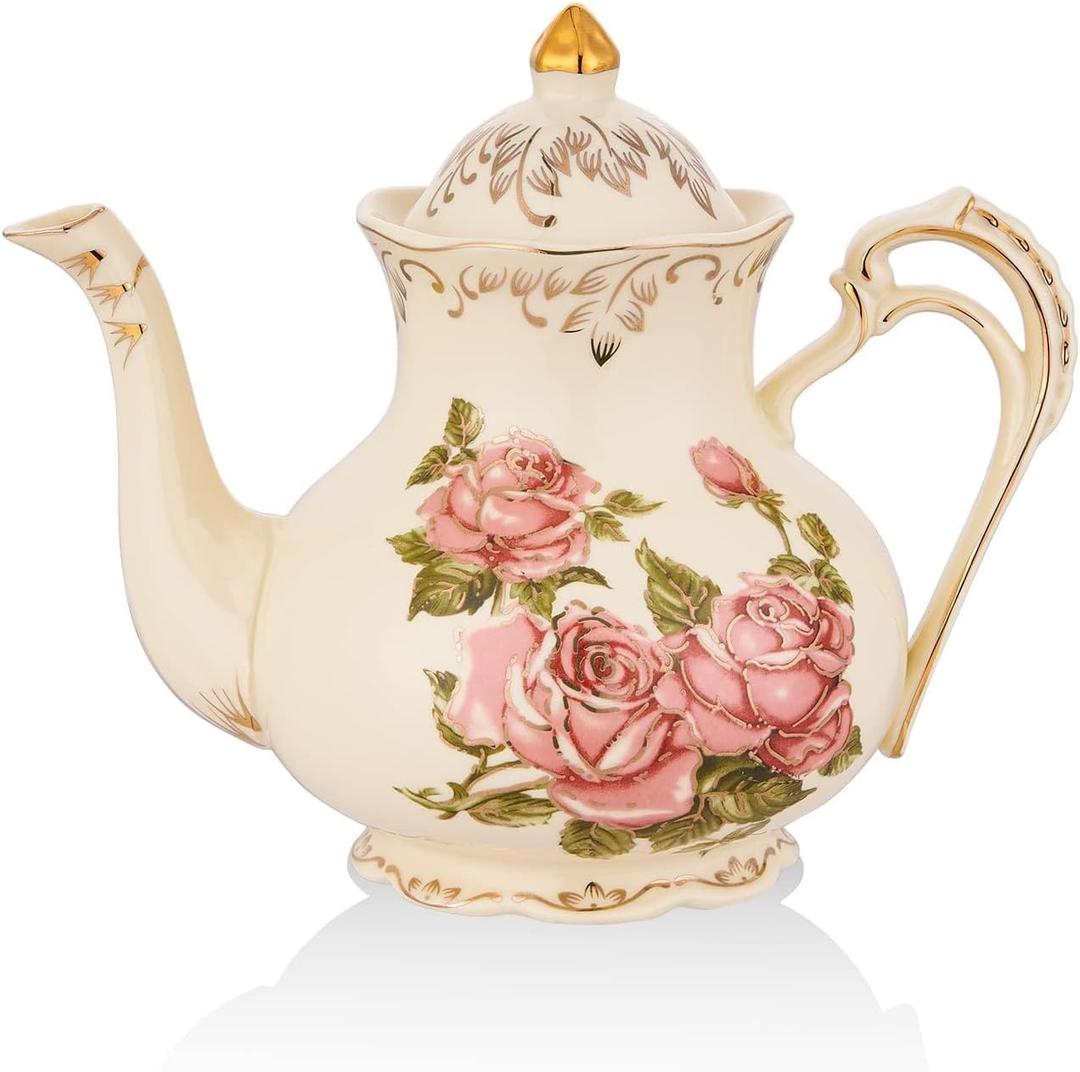 Ceramic Tea Pot, 35 OZ/4 Cup Ivory Rose Vintage Floral Porcelain Teapot with Gold Trim, European Style, Gift for Women, Decorative Ideas (Pink Rose)