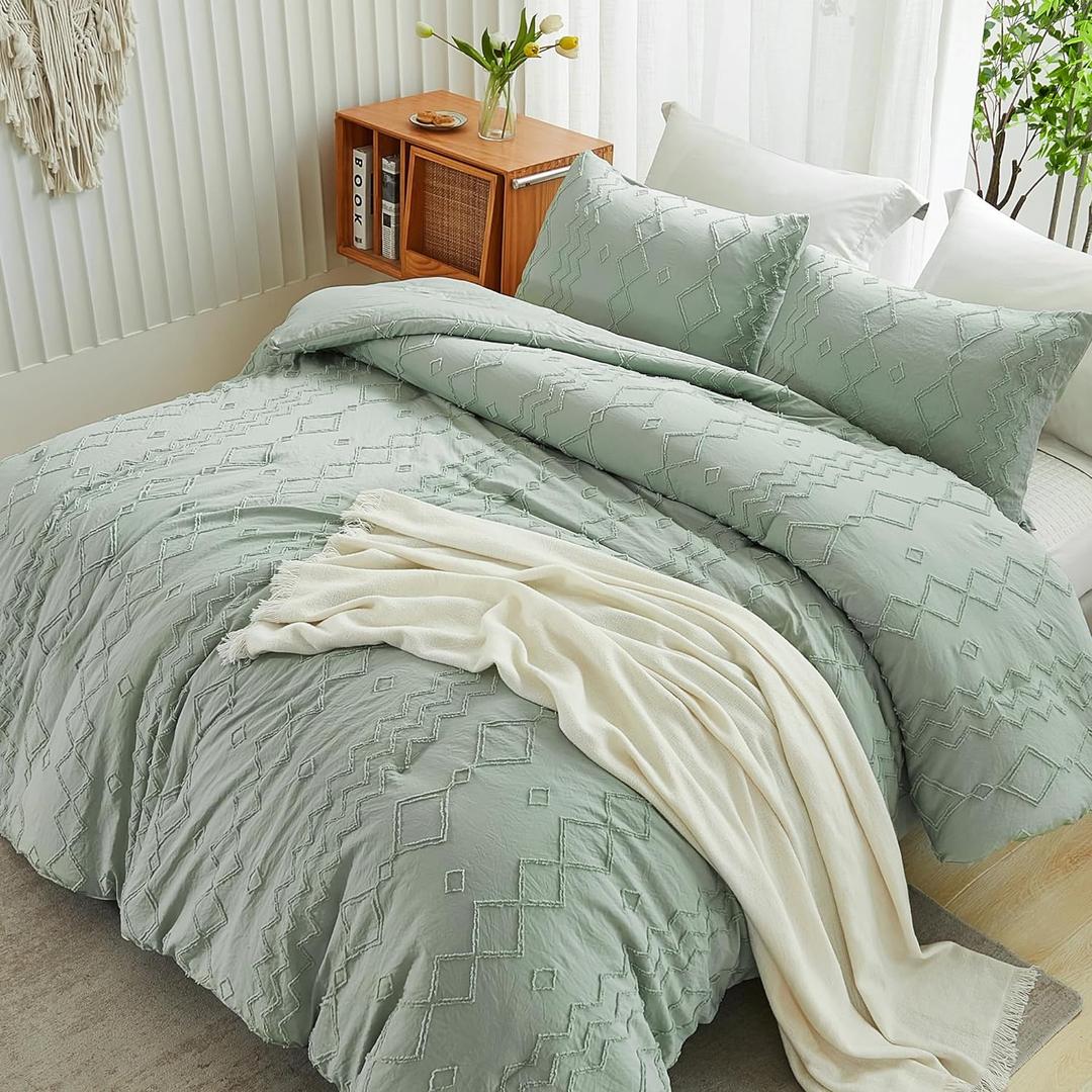 Andency Sage Green Tufted Comforter Set King(104x90Inch), 3 Pieces(1 Tufts Comforter, 2 Pillowcases) Boho Textured Farmhouse Bed, Microfiber Down Alternative Geometric Bedding Set