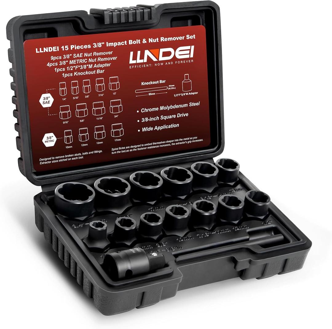 LLNDEI Bolt Extractor Kit, 15PCS Easy Out Stripped Lug Nut Removal Set with 3/8-Inch Drive, Heavy Duty CR-MO Steel with Adapter, Professional Mechanic Tools for Removing Broken Nut and Bolt