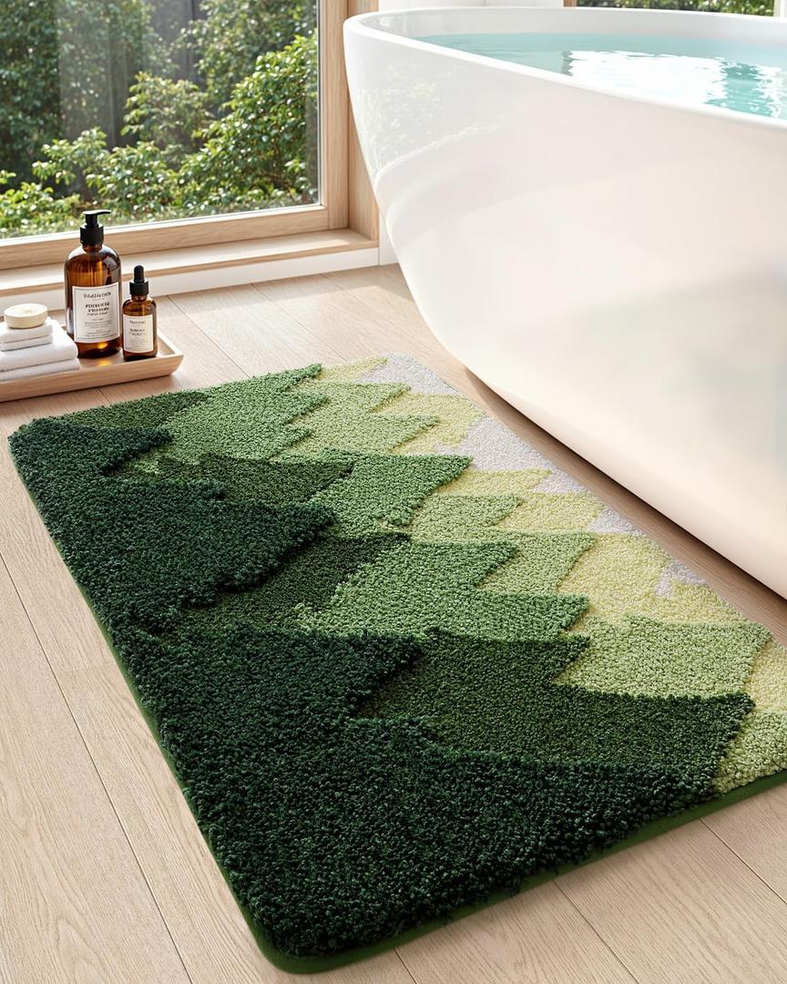 DEXI Bathroom Rugs Non Slip, 16x24 Washable Microfiber Bath Mat Quick Dry, Absorbent Ultra Soft Forest Trees Bathmat for Shower Floor Tub Sink, Green