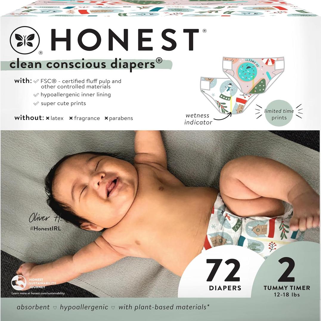 The Honest Company Clean Conscious Diapers | Plant-Based, Sustainable | Winter '24 Limited Edition Prints | Club Box, Size 2 (12-18 lbs), 72 Count